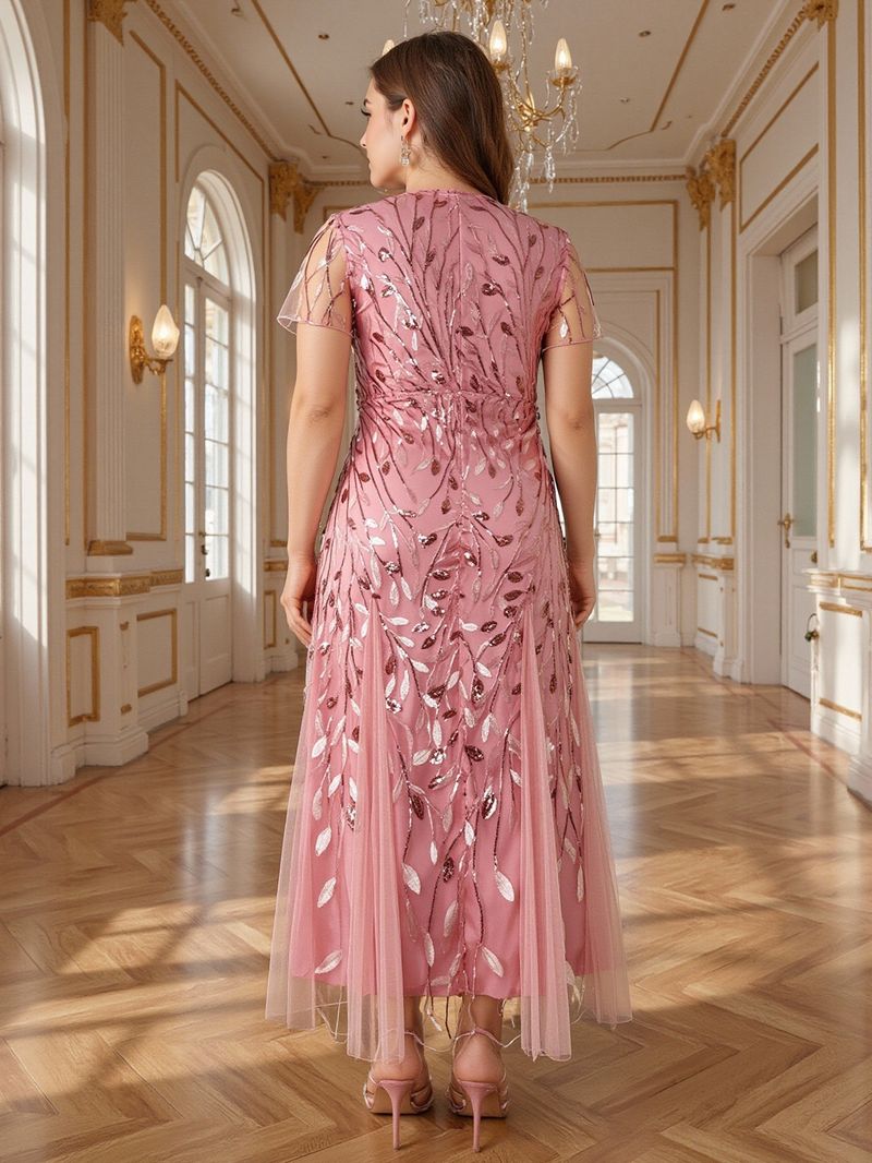 Elegante avondjurk in grote maten voor vrouwen - lange galajurk van mesh met kant en pailletten, bescheiden moslimfeestkleding (roze, 0XL-5XL)_voghion.com