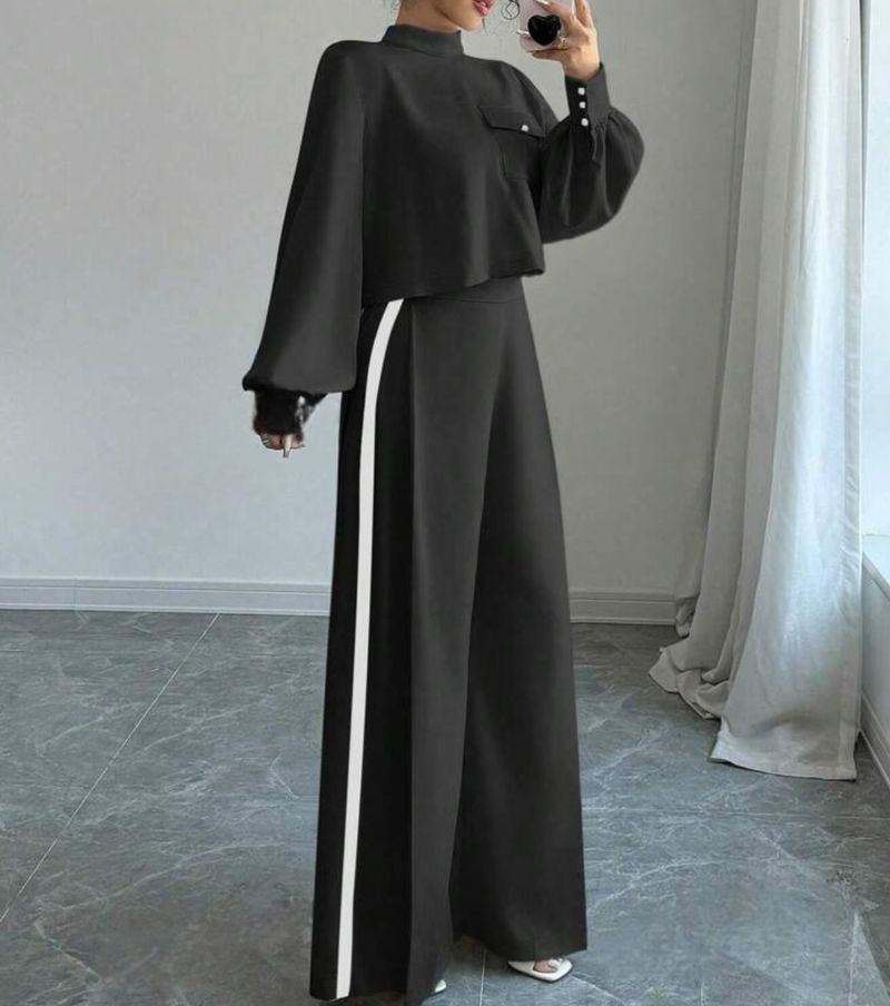 Women's Clothing casual half high collar lantern sleeves fashionable color matching wide leg pants suit_voghion.com