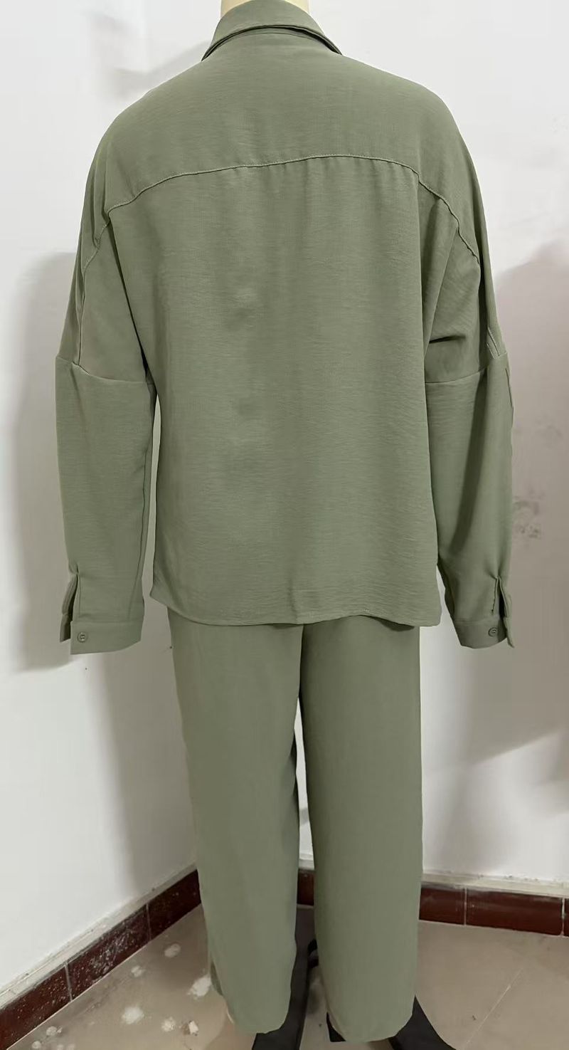 2025 Women's Solid Color Cardigan Pocket Casual Wide Leg Pants Set_voghion.com
