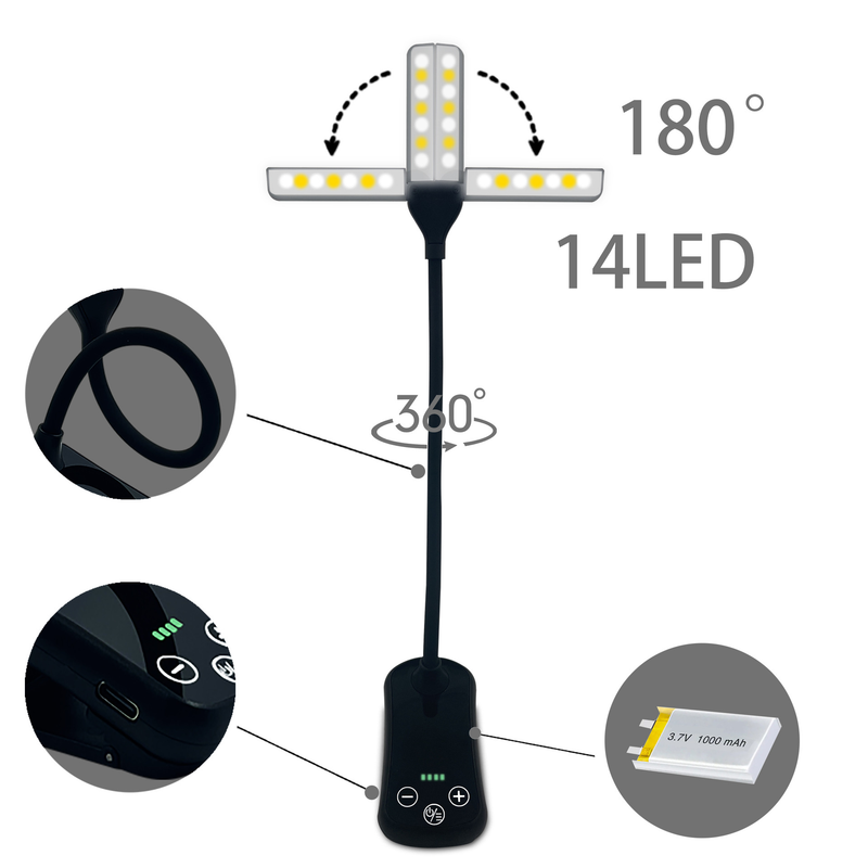 Lampada da lettura creativa a doppia testa ricaricabile, piccola, con tre pulsanti touch, lampada da lettura con clip per protezione degli occhi, lampada da lettura in magazzino_voghion.com