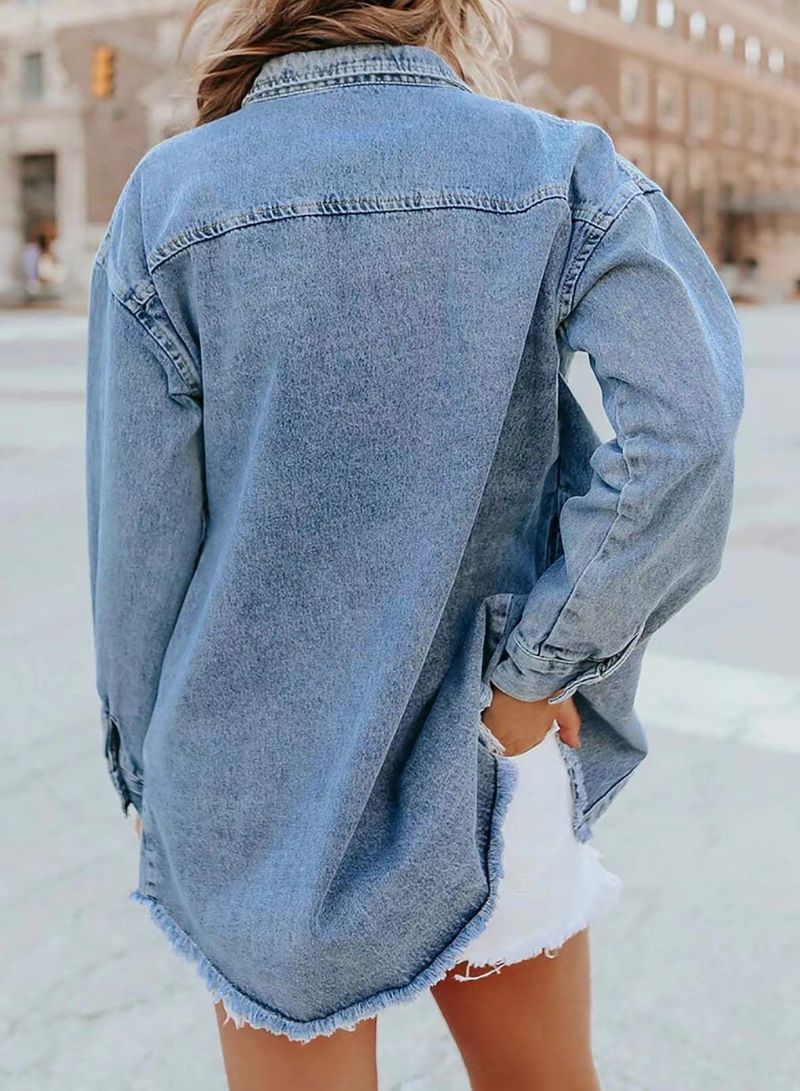Giacca in denim lavato effetto consumato per donna - Cappotto streetwear oversize con orlo grezzo per autunno e inverno_voghion.com
