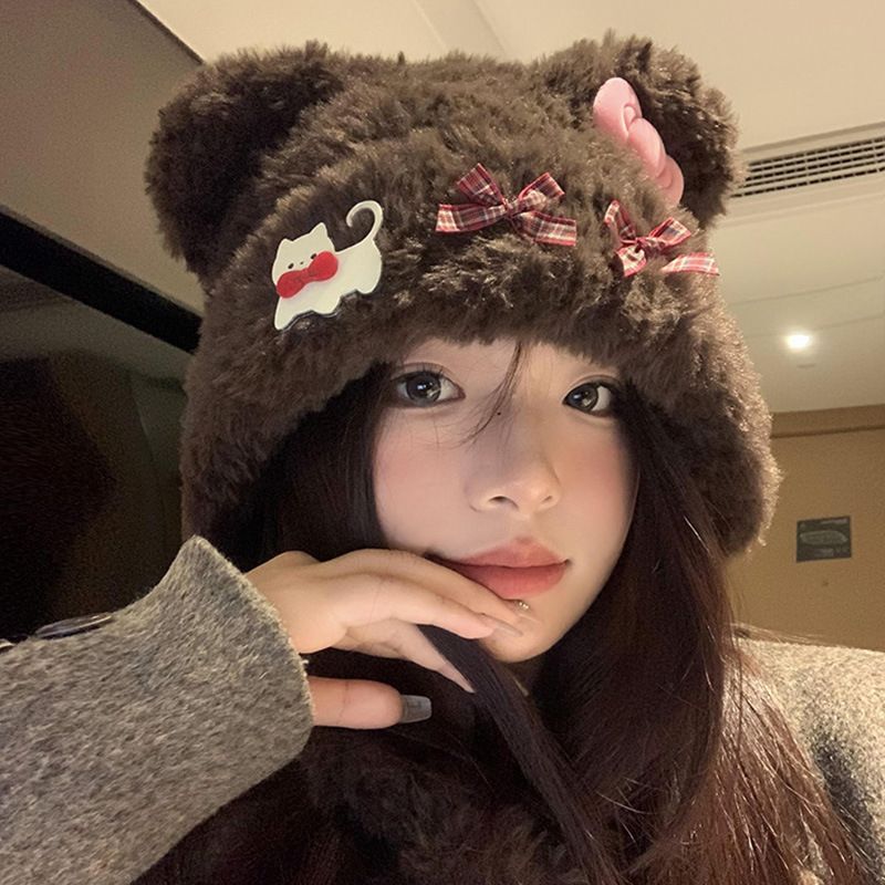 Carino piccolo orso orecchie gatto fiocco peluche donna autunno e inverno caldo protezione orecchie lei feng mostra viso piccolo cappello_voghion.com