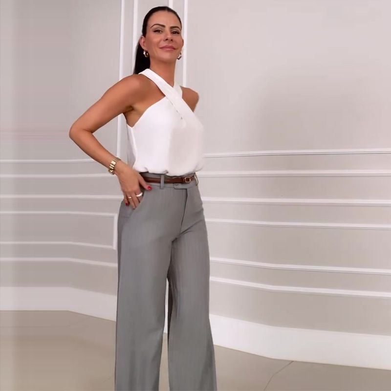 Damenbekleidung Bordüre Kreuzhals Kurzes Oberteil Weite Hose Lässiger Zweiteiliger Anzug für Damen_voghion.com