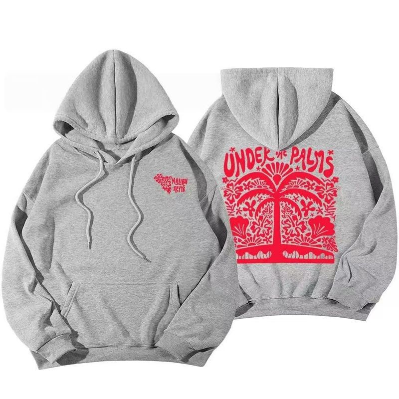 Große, überschnittene Schulterärmel mit Kokosnussbaum-Motiv, lässig bedrucktes Damen-Kapuzenpullover mit Gewinde_voghion.com