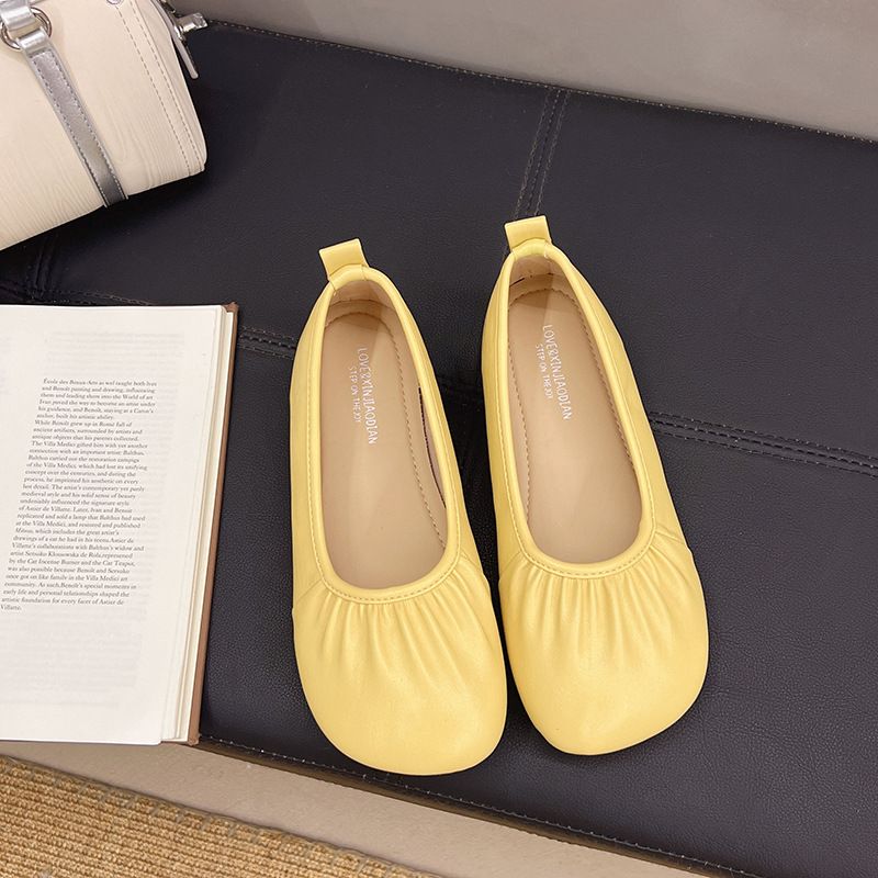 Platte zolen, enkellaarsjes voor dames, Franse zachte eenpedaalsokken, zachte zolen, ondiepe mond, geplooide oma-schoenen_voghion.com