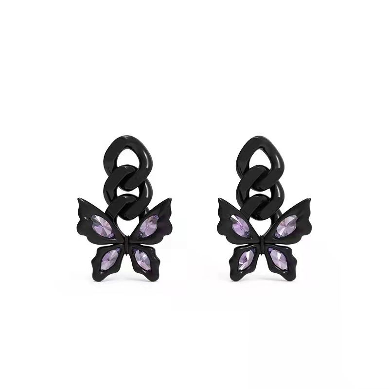 Anello a catena cubana con farfalla nera, nuovo design di tendenza nazionale hip-hop, orecchini a bottone con senso di personalità, stile scuro_voghion.com