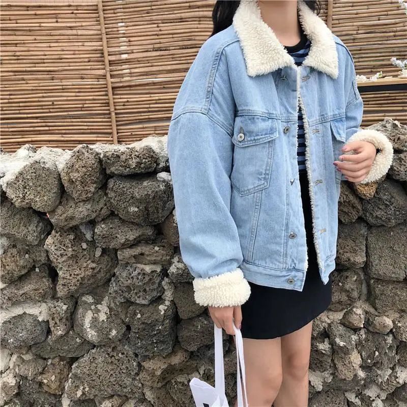 Jeansjacke, verdickter Plus-Samt-Lammwolle-Baumwollmantel, Damen-Wintermantel, lockerer BF-Kurzmantel, verdickter Denim-Baumwollmantel_voghion.com