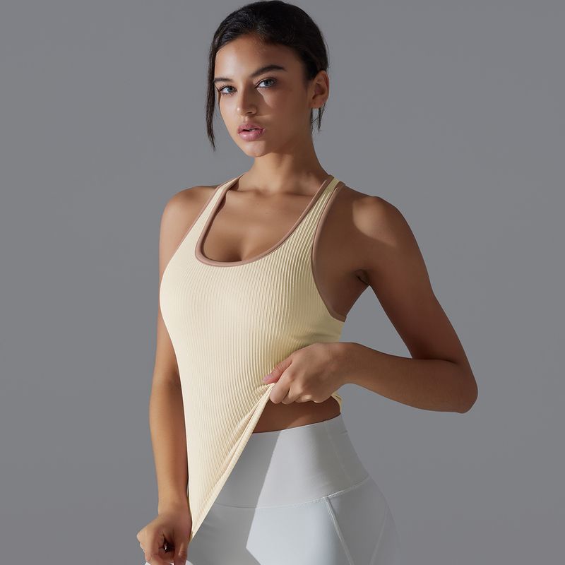 Gilet lungo a forma di I, aderente, in filo di colore unito, ad alta elasticità, sportivo, da corsa, fitness, yoga, da donna_voghion.com