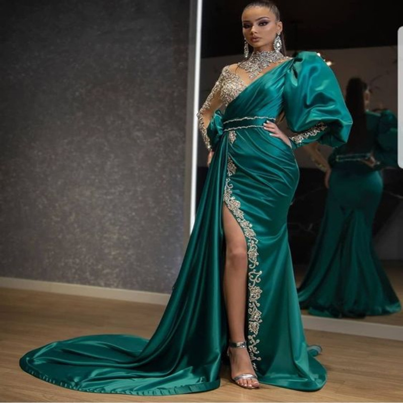 Evening Party Dress Women Elegant Beading Side Split Satin Lantern Sleeve Green Wedding Prom Gown Long Maxi Dresses 2025_voghion.com