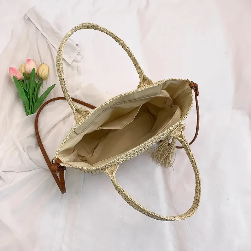 Stroh-Strandtasche mit Reißverschluss, Schultergurt, verstellbarer Tragegriff, Umhängetasche für Damen, Reisen, Urlaub 250614l_voghion.com