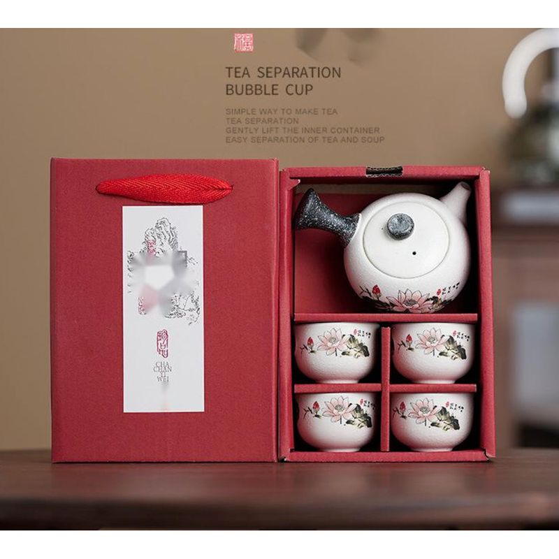 Kung-Fu-Set, Box mit einer und vier Tassen, kleines Set, Teekanne aus Keramik, Geschenk für Geschäftsveranstaltungen, Hochzeitsbegleitergeschenk_voghion.com