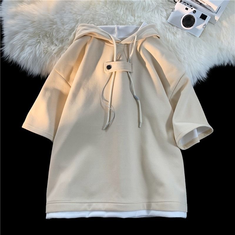 Hooded Five Quarter Sleeved T-shirt, Men's Campus Style Polo Shirt, Summer Trendy Brand Short Sleeved Shirt_voghion.com