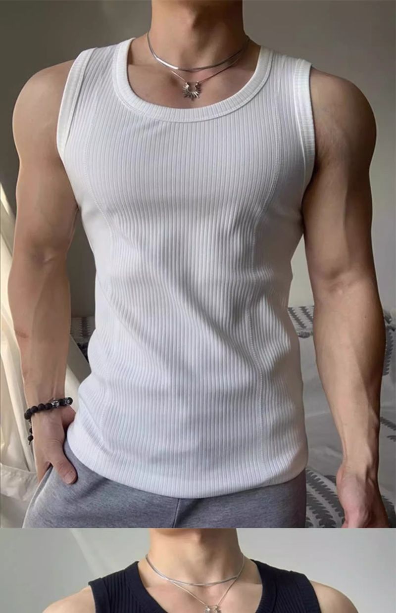 "Men's Muscle Fit Sleeveless Vest - Breathable Mesh Gym Tank Top For Summer Workouts & Bodybuilding - White/Black Athletic Compression Shirt"_voghion.com