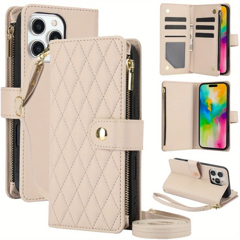 Capa tipo carteira para iPhone 16e/16/15/14/13/12/11 XS Max Plus/bolsa transversal ajustável com zíper, porta-cartões com suporte e pulso removível_voghion.com