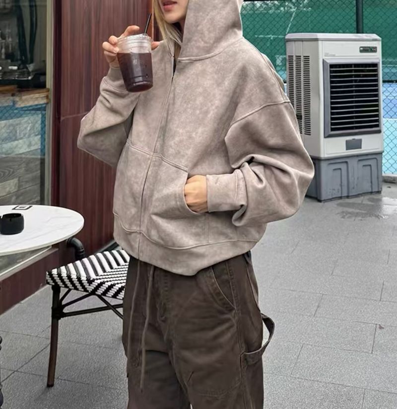 Herrenbekleidung Unisex Casual Kapuzenpullover - Kurzärmlige Reißverschlussjacke mit entspannter Passform in Unifarben (Grau, Schwarz, Beige) für Männer und Frauen_voghion.com