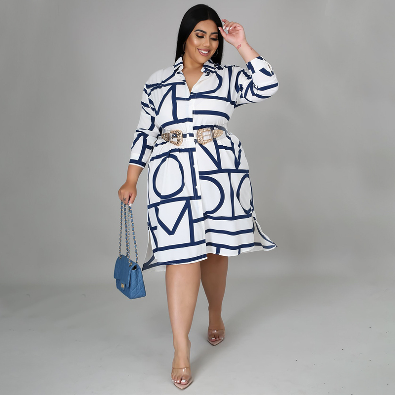 Damen bedrucktes Hemd mit plissierter Taille und Kleid in Übergröße für Damen_voghion.com