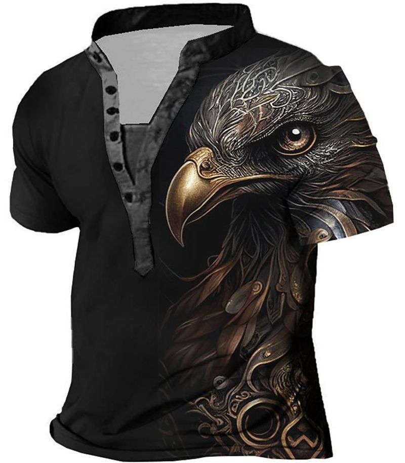 2025d 2025 Summer New Men's Digital Print Turtle Map Youth 6-Button Henley Short Sleeve Shirt_voghion.com
