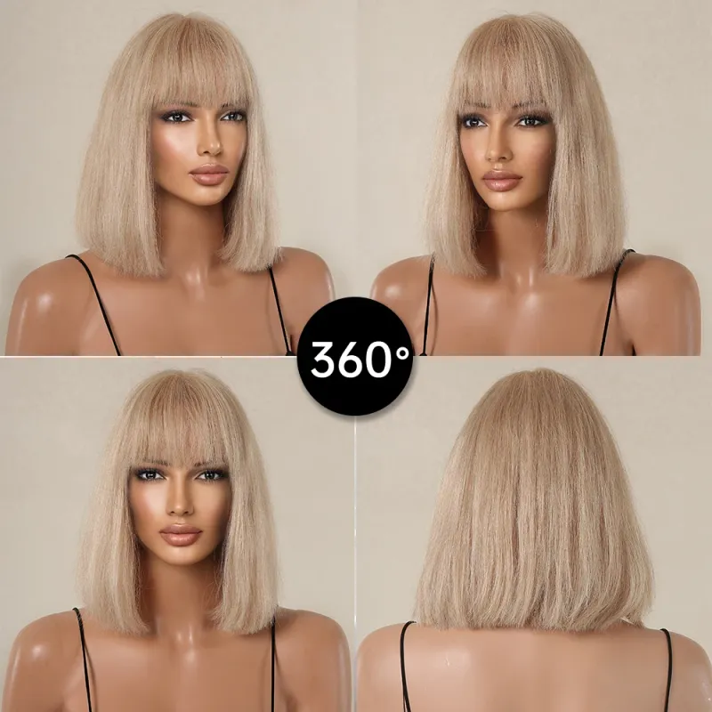 Honigblonder Bob, 100 % Remy-Menschenhaar, für Damen, kurze, natürliche, glatte Perücken, Pony, 10 Zoll, Perücke für den Alltag_voghion.com