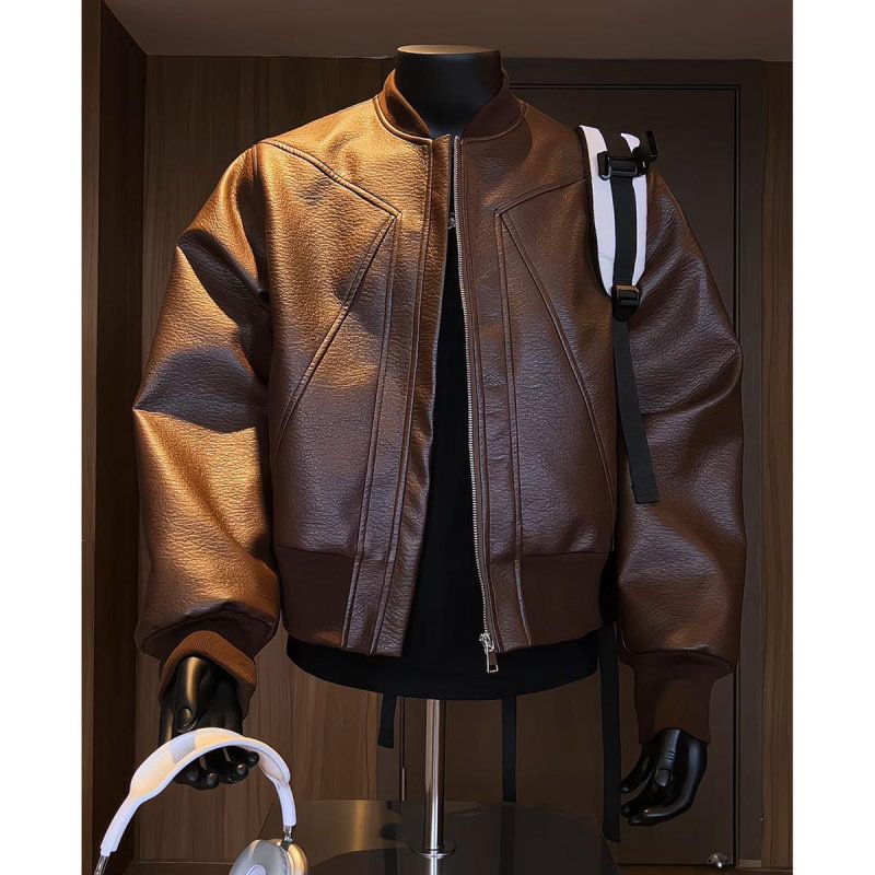 Men’s Vintage Cracked PU Leather Jacket – Retro Biker Style With Ribbed Hem Windproof & Abrasion-Resistant, Short-Length Design_voghion.com