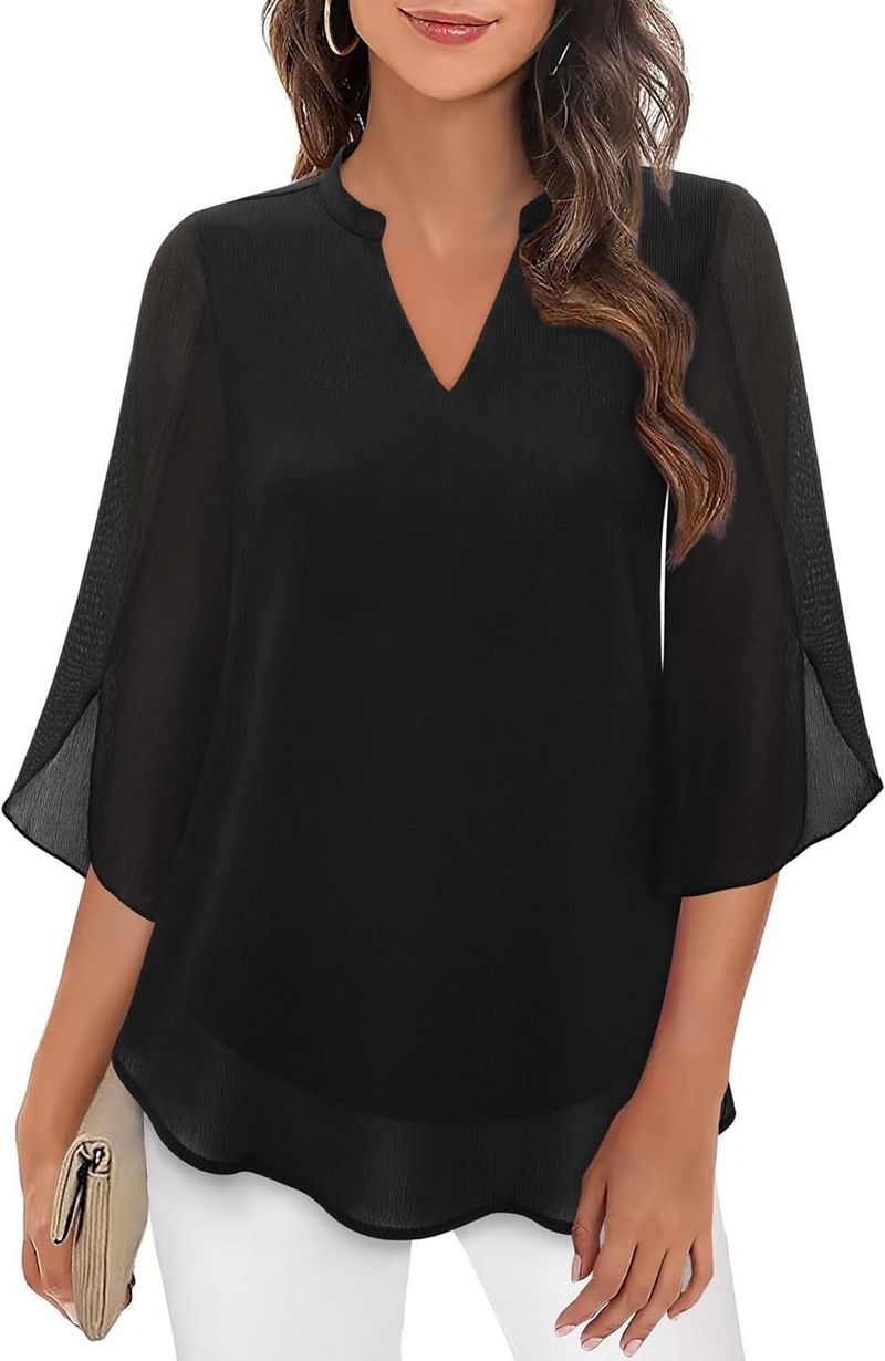 2025 Casual Sommer Neue frauen Blütenblatt Ärmel Lose V-ausschnitt Chiffon Bluse_voghion.com