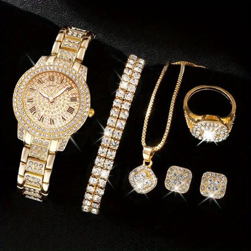 Damenuhr fünfteiliges Set Diamant Damenuhr Damenmode römische Quarzuhr Armbanduhr_voghion.com