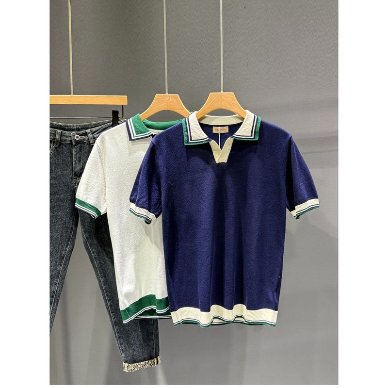 Herrenbekleidung Gestricktes Poloshirt mit V-Ausschnitt, farblich abgestimmt, leicht, reif, Retro, Sommer, kurzärmelig, hübsch, lässig, Herren-T-Shirt, neue Oberteile_voghion.com