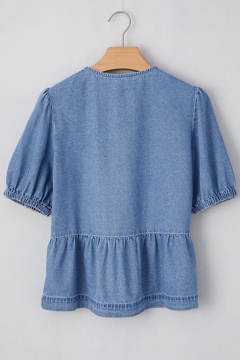 Jeanshemd mit Fliege für Damen – Stylische und atmungsaktive Sommer-Freizeitbluse (Unifarben, S-XL)_voghion.com