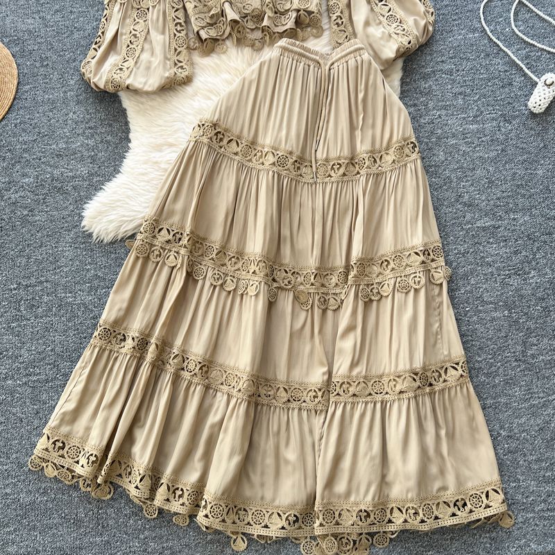 Women's Clothing Palace Style Two Piece Suit For Women Temperament Short Lapel Lantern Sleeve Top + High Waist Lace Patchwork Skirt_voghion.com