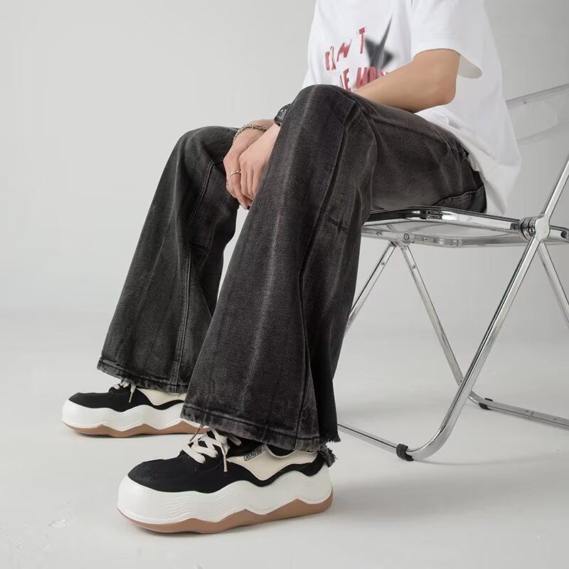 Jeans med slitning i ton, herrbyxor med mikroutsvängda mönster och amerikansk high street-känsla, trendiga sommarbyxor med lös passform och vida ben._voghion.com