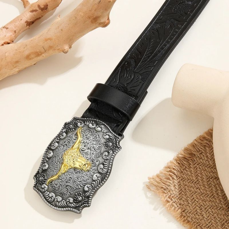 Western Versatile Bull Head Large Buckle Cowboy Carved Ethnic Style Men's Punk PU Leather Belt_voghion.com