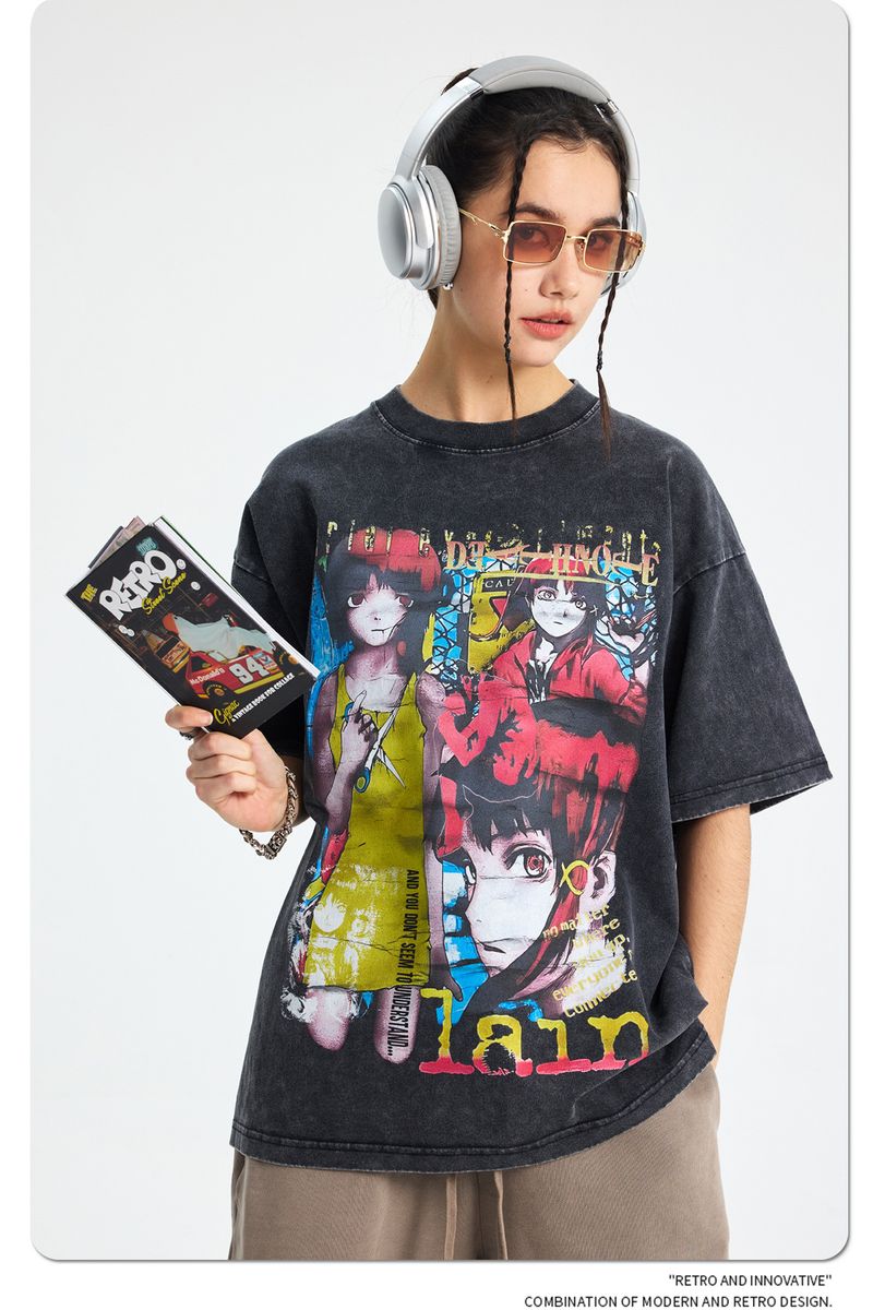 Camiseta masculina de manga curta com estampa de desenho animado americano, linda garota, retrô, antiga, água para lavar, camiseta curta_voghion.com
