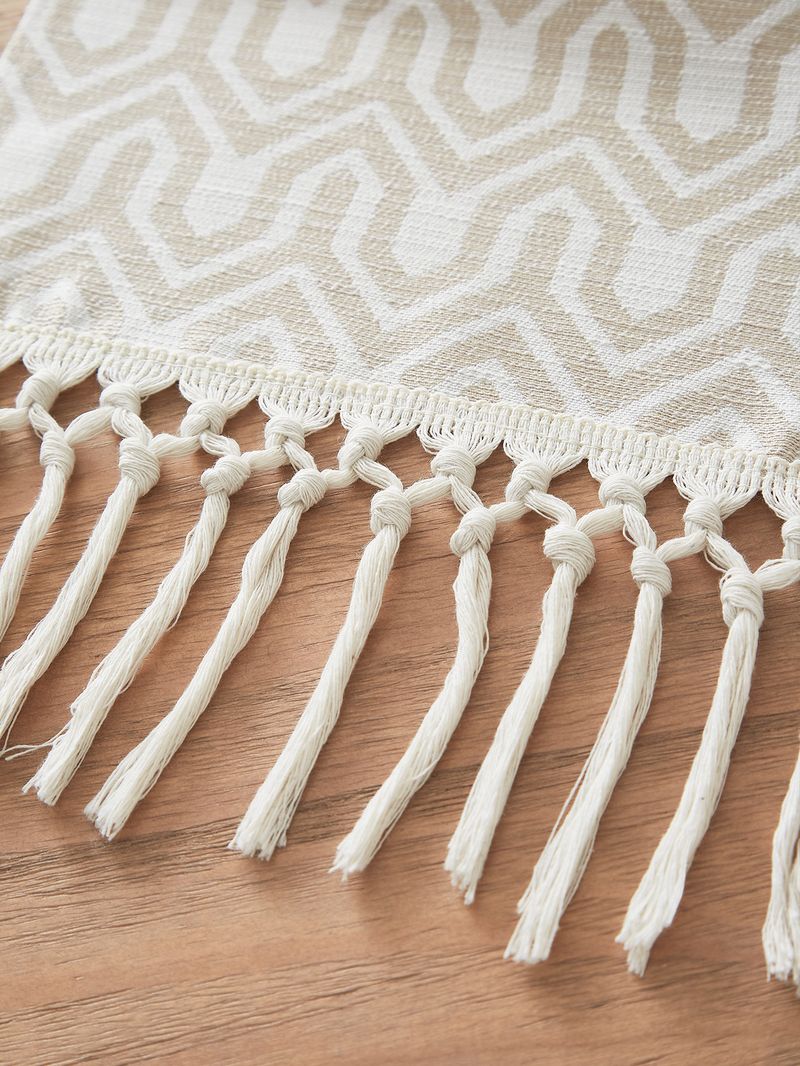 Couchtisch Kontrastmuster Garngefärbter Tischläufer Beige Wellenquaste Gewebte Tischdecke_voghion.com