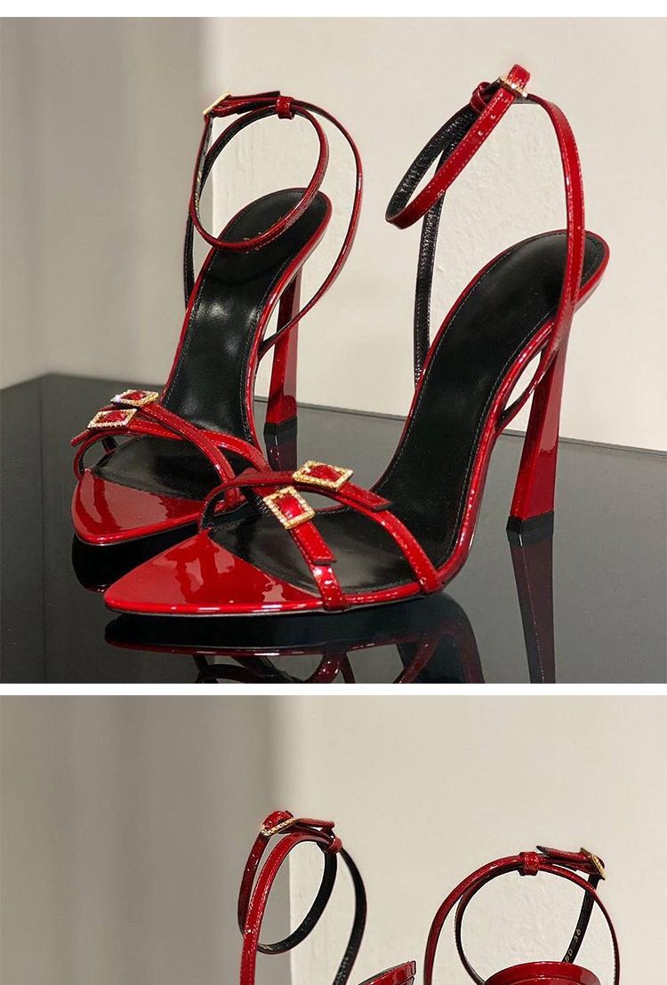 2025 New Summer Open-toe Rhinestone One Word Buckle Sandals, Red Thin Strap, Exquisite High Heels Fashion Hundred Versatile Exquisite_voghion.com