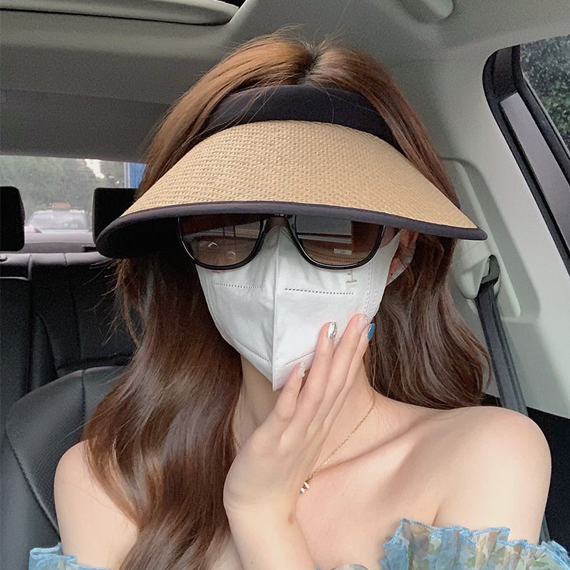 LazyZoom For Women, Summer UV Protection Wide Brim Face Covering Straw Woven Sun Hat, Cycling Visor Hat_voghion.com