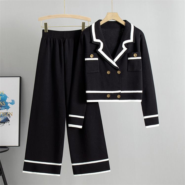 Women's Clothing new knitted wide leg pants slim two piece short fashion casual suit _voghion.com