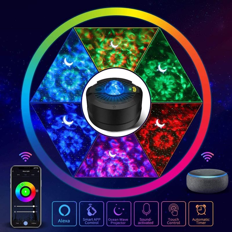 Proyector de estrellas, galaxia, luna, océano, olas, cielo, luz nocturna con música, altavoz Bluetooth, lámpara para decoración, regalo de cumpleaños, fiesta_voghion.com