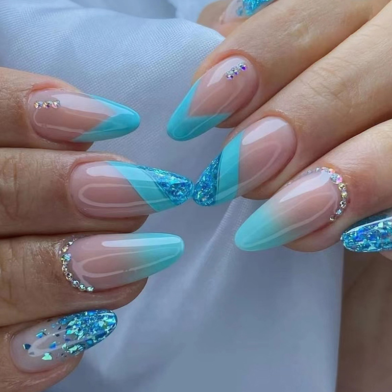 Forme 24 pièces faux ongles amande avec colle gelée bleu français longs faux ongles ensemble portable presse sur ongles avec Rh_voghion.com