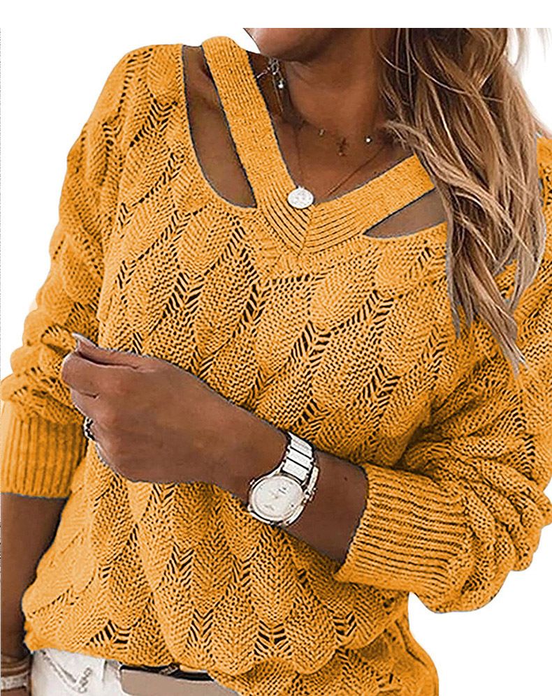 Maglione lavorato a maglia con scollo a V e spalle scoperte, nuovo modello 2025, da donna, autunno inverno_voghion.com