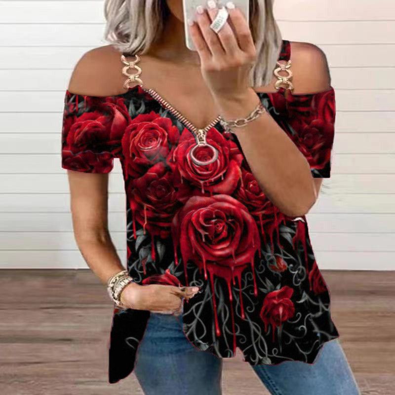 T-shirt da donna con cerniera rosa pullover a maniche corte stampata con scollo a V e spalle scoperte_voghion.com