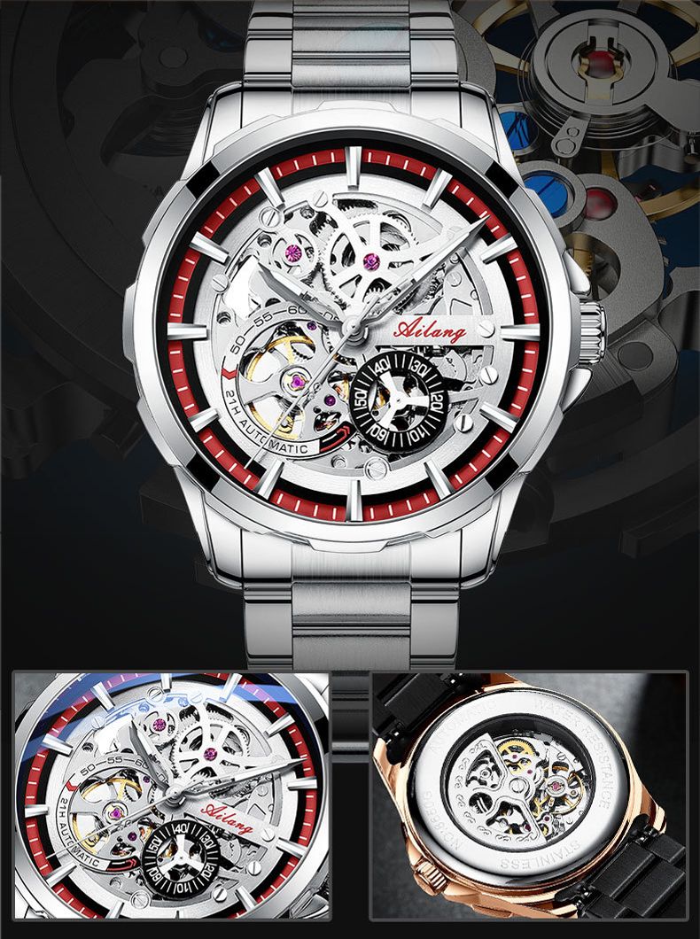 AILANG Herrenmode Hohl Mechanische Uhr Hochwertiges Leder Wasserdicht Vollautomatische Tourbillon Uhren Herrenuhr_voghion.com