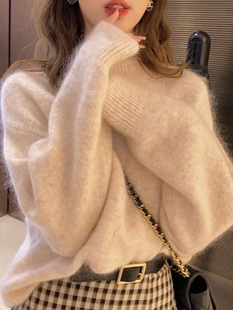 Weiß Mohair Verdicken Rollkragenpullover Herbst Winter Süße Mode Langarm Casual Einfarbig Pullover Pull Femme_voghion.com