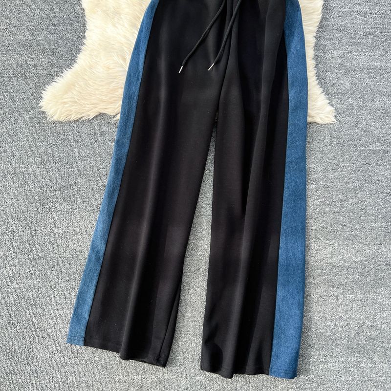 Dametøj Forår afslappet jakkesæt Damesportstøj Pullover Langærmet sweatshirt med hætte + højtaljede denimsyninger Bukser med brede ben_voghion.com