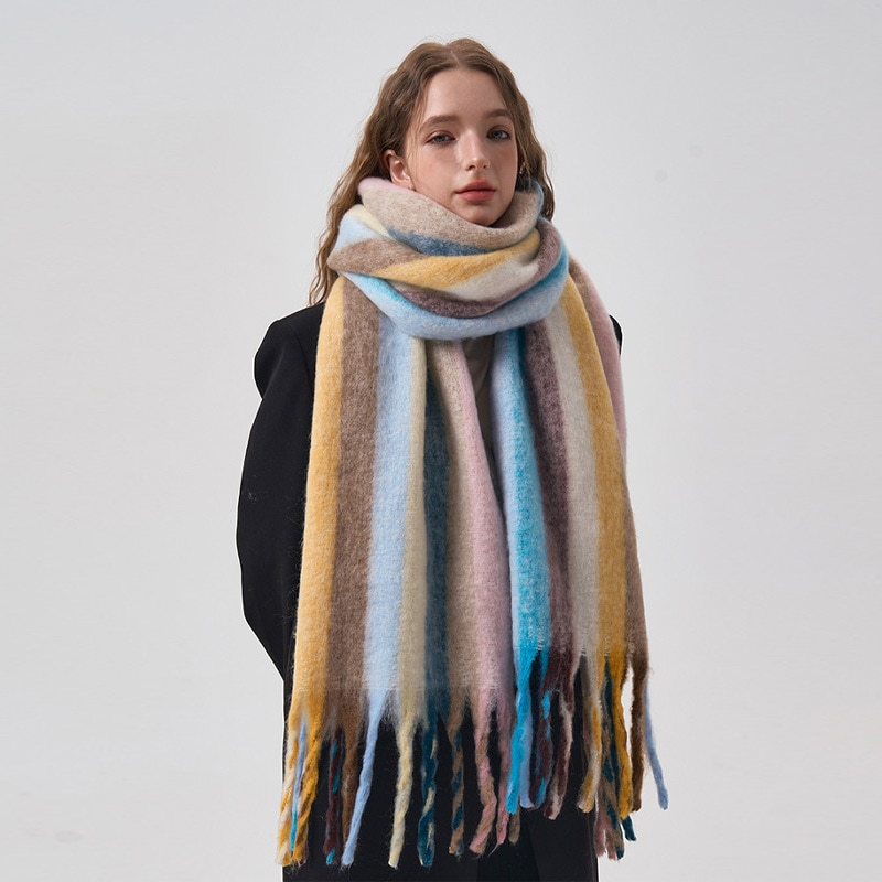 Coreano quente impressão cachecol feminino inverno outono engrossar grande arco-íris vertical listrado xale macio cashmere cobertor cachecóis_voghion.com