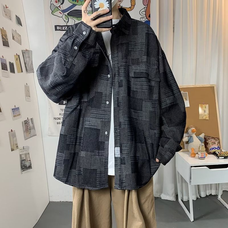 Forår og efterår Duftende polohals denimskjorte til mænd i Hong Kong-stil, amerikansk stor størrelse, fugleternjakke, frakke_voghion.com