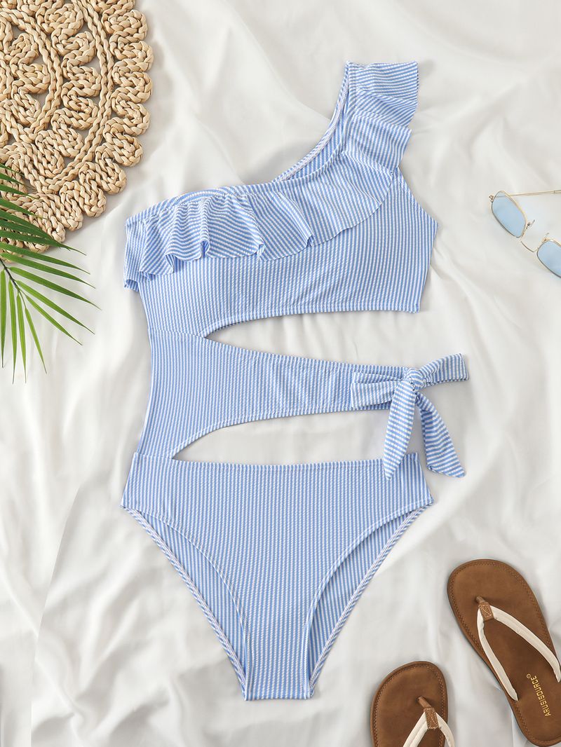 Maillot de bain une pièce pour femme, haut de gamme, rayé, à volants et à lacets ajourés, style source chaude_voghion.com
