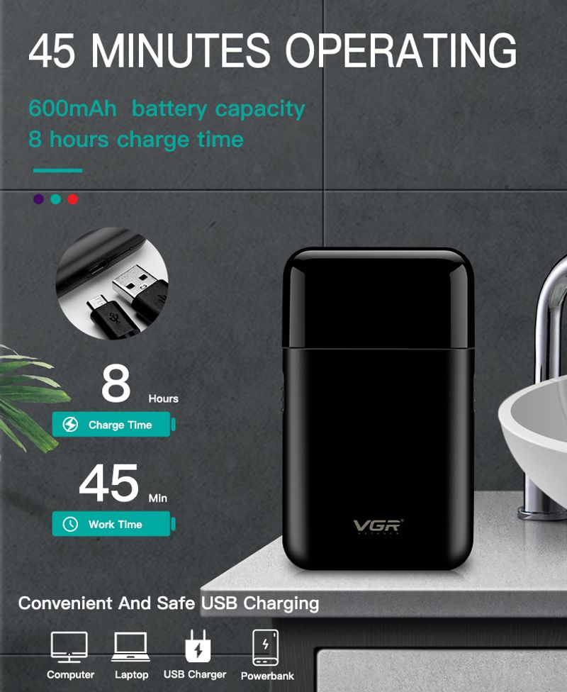 VGR electric professional beard trimmer portable mini reciprocating shaver 2-blade USB charging men's V-390_voghion.com