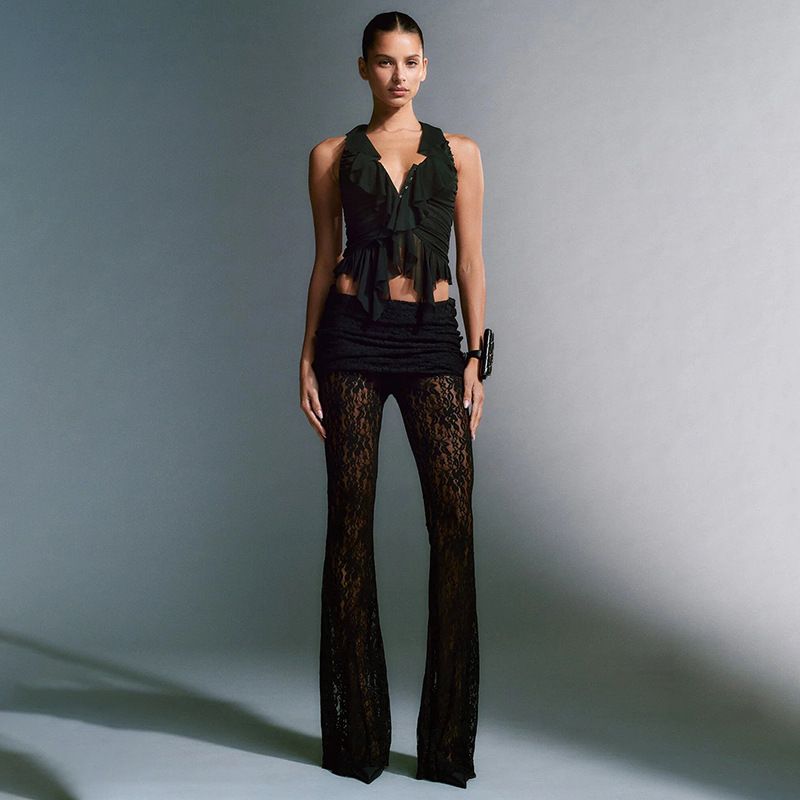 Women's Clothing New Fashion Sexy Versatile Pants Lace Splicing Slim See Through High Waist Flared Pants For Women_voghion.com