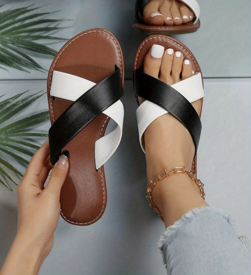 Platte damesslippers met kruisband, effen kleur antislipslippers met open teen, casual strandslippers voor buiten_voghion.com