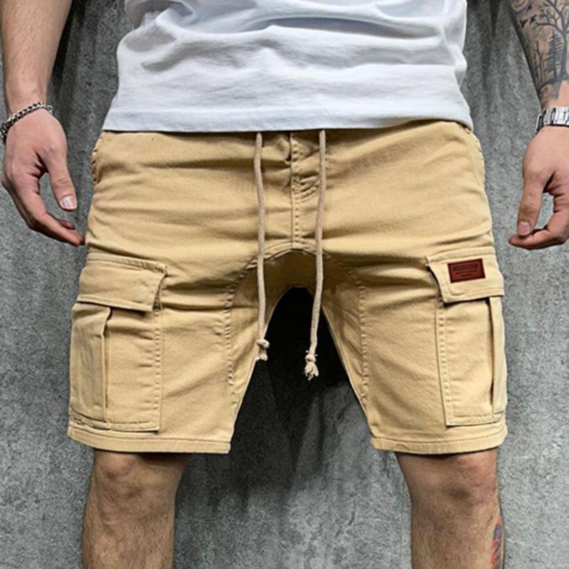 Calça cargo masculina casual de verão com vários bolsos, de cor sólida, com cordão, na altura do joelho, curta masculina_voghion.com
