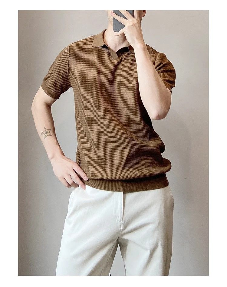 Polo da uomo in maglia leggera e traspirante, aderente, a maniche corte, stile americano, in seta ghiacciata, modello cross-border, con strisce antivento_voghion.com